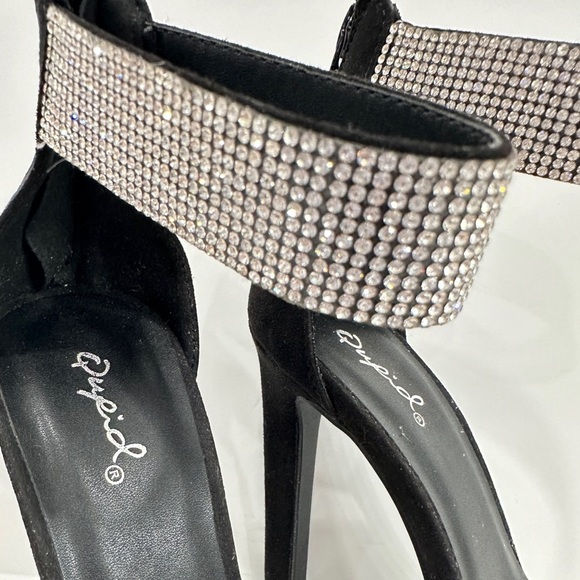 Qupid Black Suede Rhinestone High Heel Sandals - Picture 6 of 11